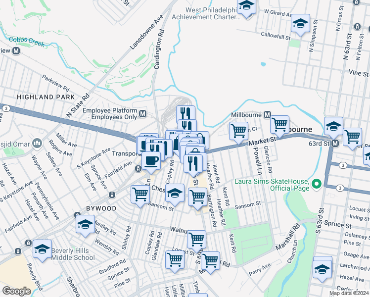 map of restaurants, bars, coffee shops, grocery stores, and more near 6901 Market Street in Upper Darby