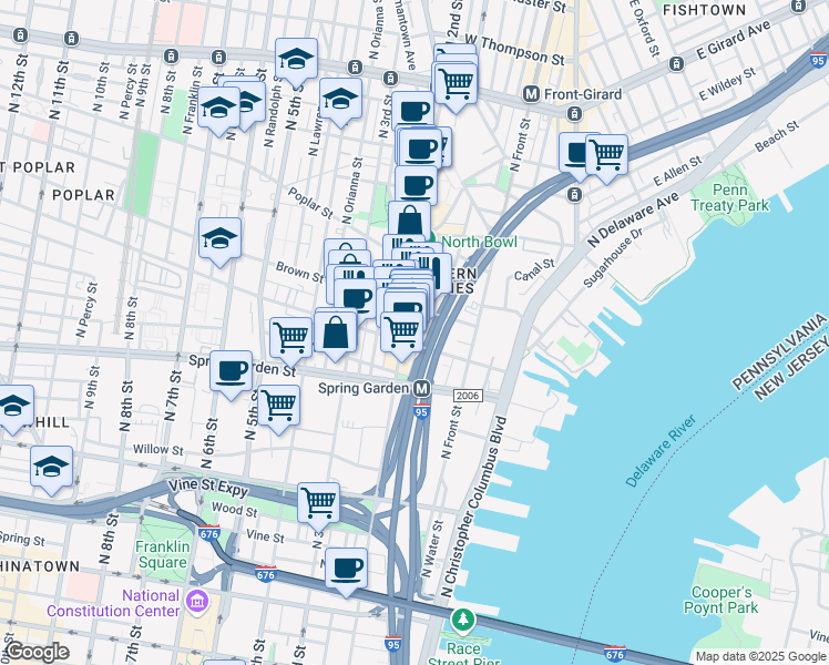 map of restaurants, bars, coffee shops, grocery stores, and more near 625 North 2nd Street in Philadelphia
