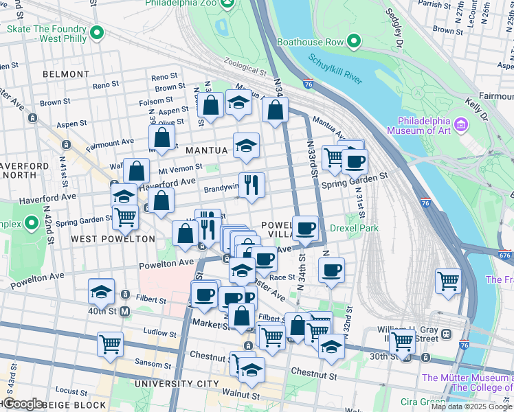 map of restaurants, bars, coffee shops, grocery stores, and more near 3519 Hamilton Street in Philadelphia