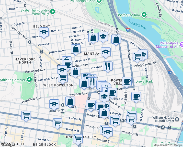 map of restaurants, bars, coffee shops, grocery stores, and more near 3726 Spring Garden Street in Philadelphia