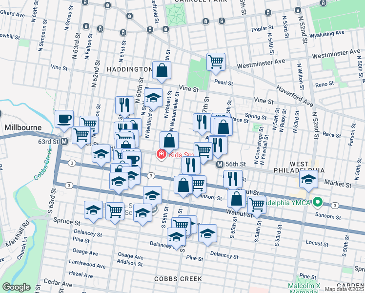 map of restaurants, bars, coffee shops, grocery stores, and more near 5749 Commerce Street in Philadelphia