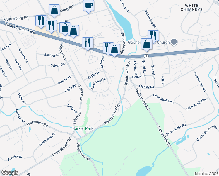 map of restaurants, bars, coffee shops, grocery stores, and more near 803 Valley Drive in West Chester