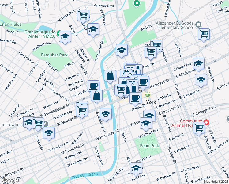 map of restaurants, bars, coffee shops, grocery stores, and more near 31 North Pershing Avenue in York