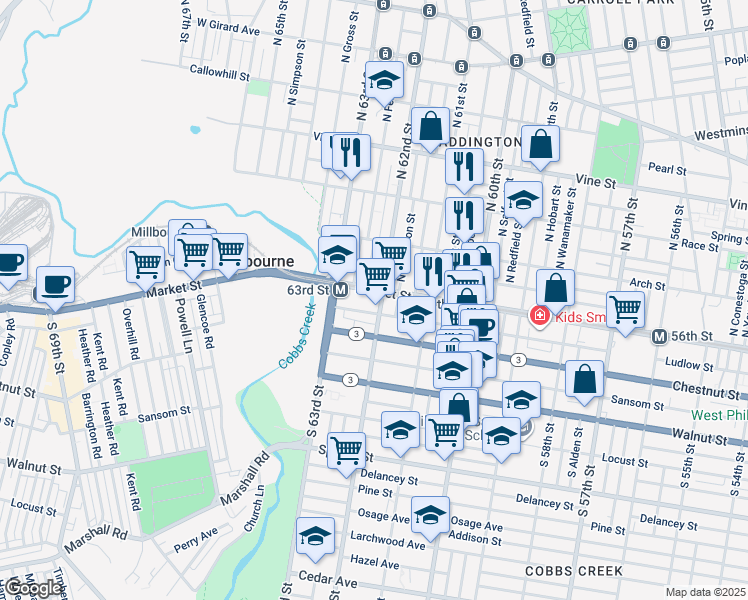 map of restaurants, bars, coffee shops, grocery stores, and more near 6206 Market Street in Philadelphia