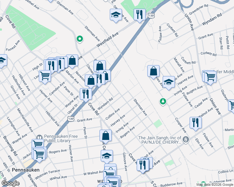 map of restaurants, bars, coffee shops, grocery stores, and more near 6745 Grant Avenue in Pennsauken Township