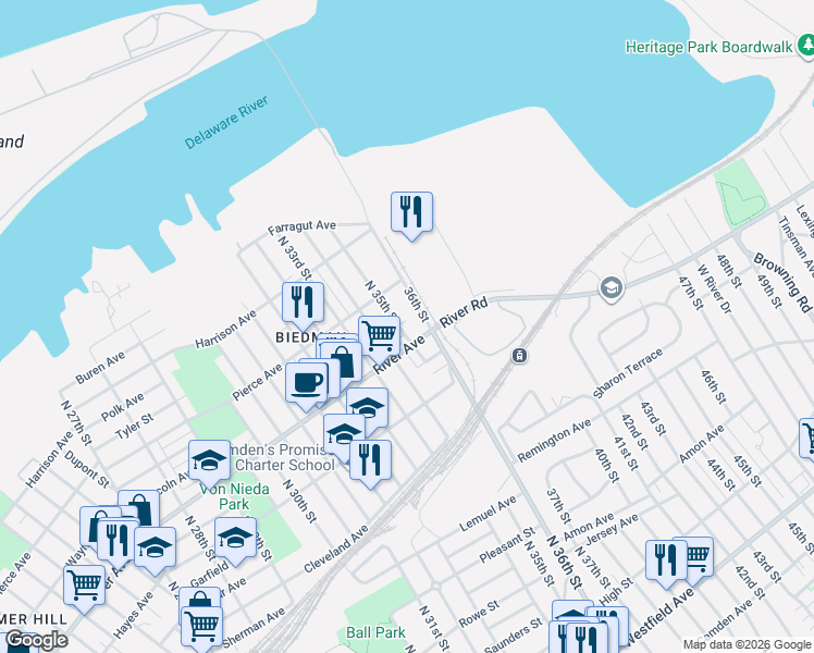 map of restaurants, bars, coffee shops, grocery stores, and more near 3403 River Road in Camden