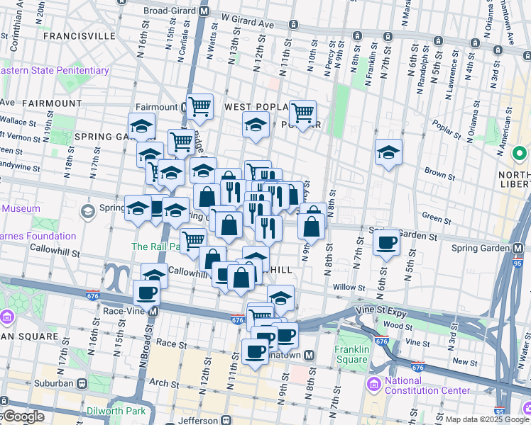 map of restaurants, bars, coffee shops, grocery stores, and more near 1032 Brandywine Street in Philadelphia