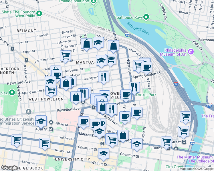 map of restaurants, bars, coffee shops, grocery stores, and more near 3515 Hamilton Street in Philadelphia