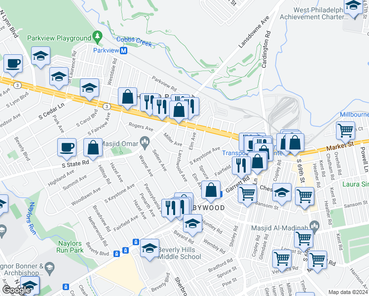 map of restaurants, bars, coffee shops, grocery stores, and more near 7334 Miller Avenue in Upper Darby