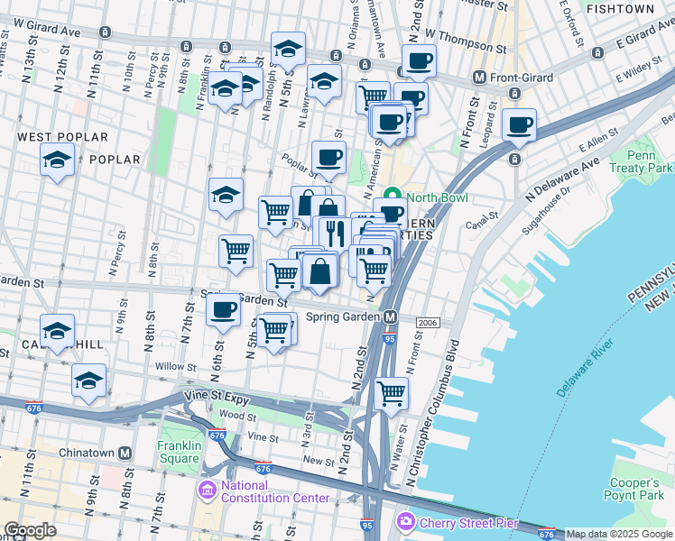 map of restaurants, bars, coffee shops, grocery stores, and more near 604 North American Street in Philadelphia