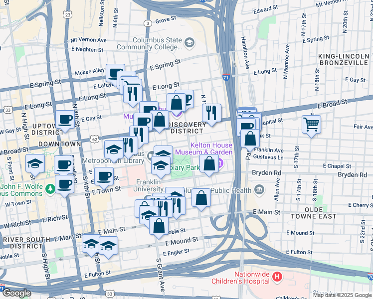 map of restaurants, bars, coffee shops, grocery stores, and more near 65 South Washington Avenue in Columbus