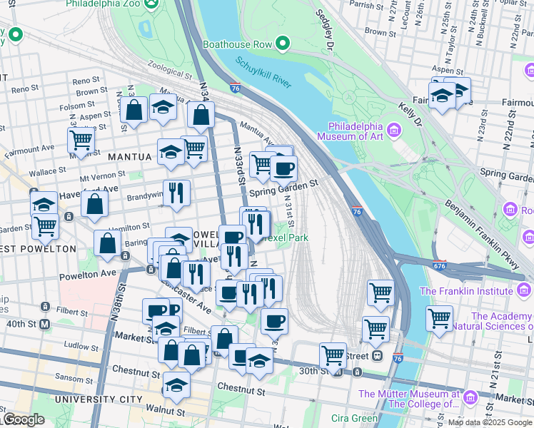 map of restaurants, bars, coffee shops, grocery stores, and more near 412 North 32nd Street in Philadelphia