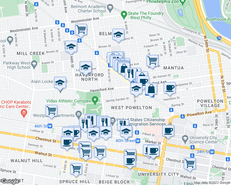 map of restaurants, bars, coffee shops, grocery stores, and more near 526 Budd Street in Philadelphia
