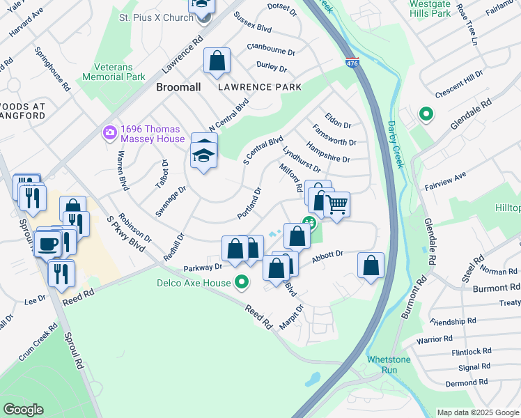 map of restaurants, bars, coffee shops, grocery stores, and more near 413 Parkstone Way in Broomall