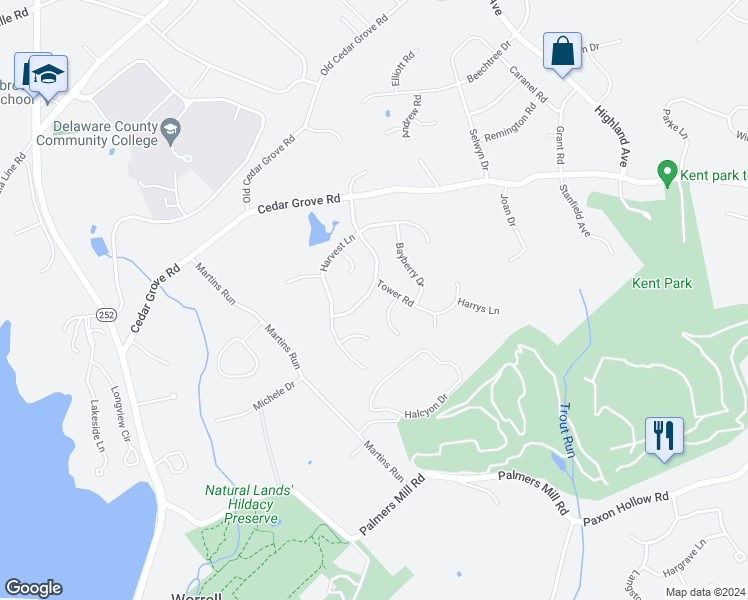 map of restaurants, bars, coffee shops, grocery stores, and more near 14 Rockhill Drive in Broomall