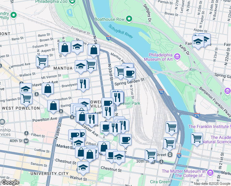 map of restaurants, bars, coffee shops, grocery stores, and more near 413 North 33rd Street in Philadelphia
