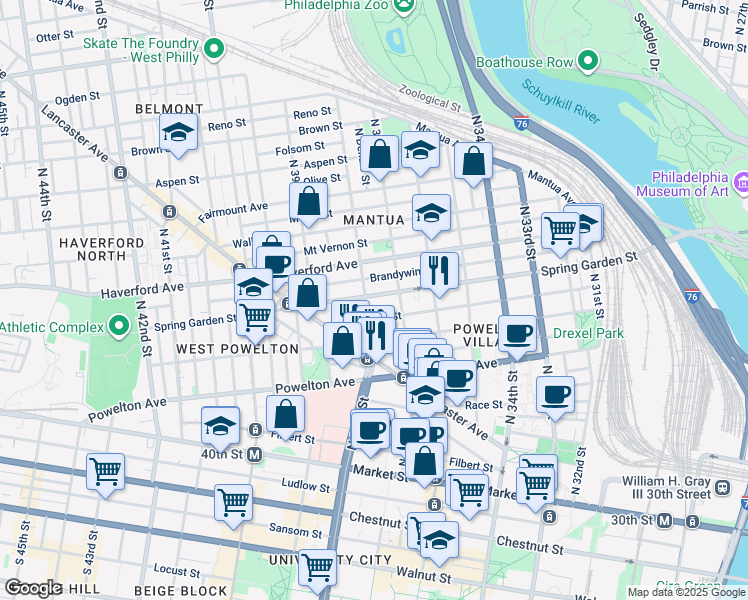 map of restaurants, bars, coffee shops, grocery stores, and more near 3726 Spring Garden Street in Philadelphia