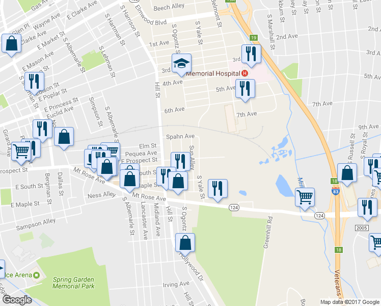map of restaurants, bars, coffee shops, grocery stores, and more near 1419 East Prospect Street in York
