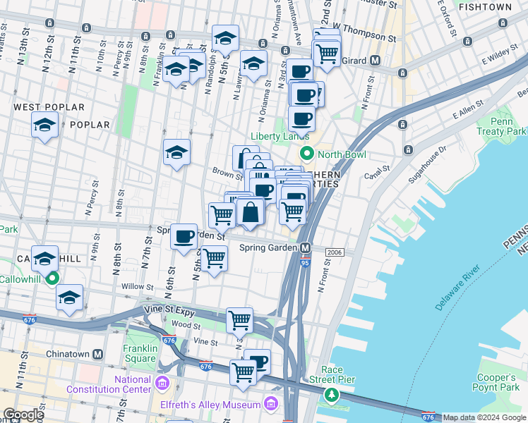 map of restaurants, bars, coffee shops, grocery stores, and more near 635 North 3rd Street in Philadelphia