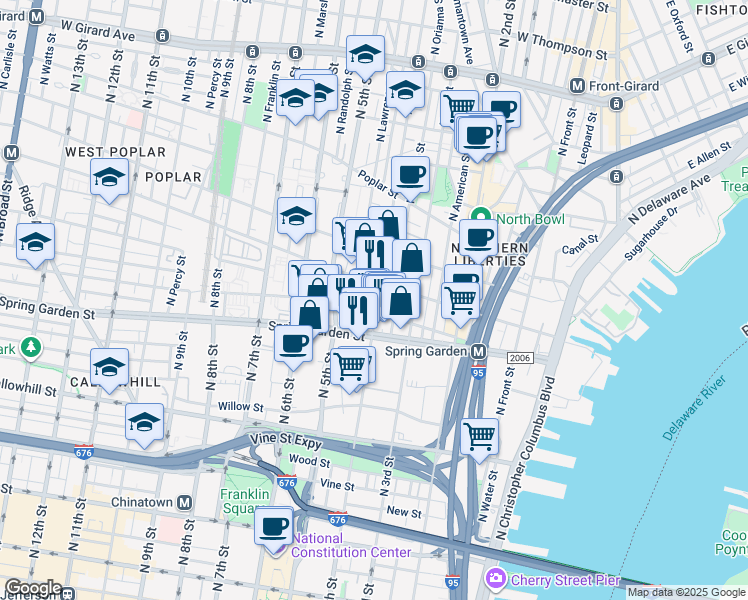 map of restaurants, bars, coffee shops, grocery stores, and more near 608 North 4th Street in Philadelphia