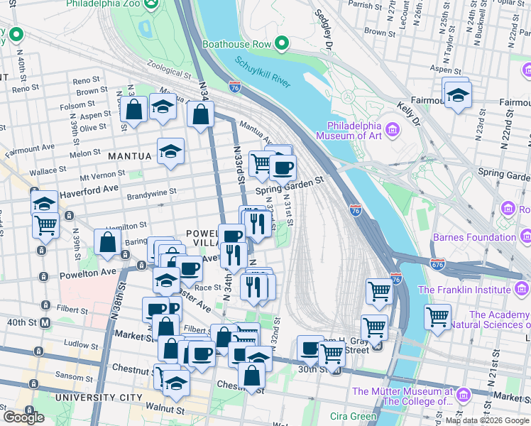 map of restaurants, bars, coffee shops, grocery stores, and more near 3214 Baring Street in Philadelphia