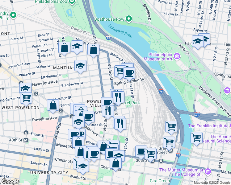 map of restaurants, bars, coffee shops, grocery stores, and more near 413 North 33rd Street in Philadelphia