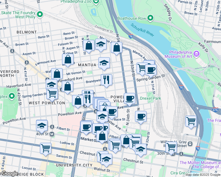 map of restaurants, bars, coffee shops, grocery stores, and more near 3513 Hamilton Street in Philadelphia