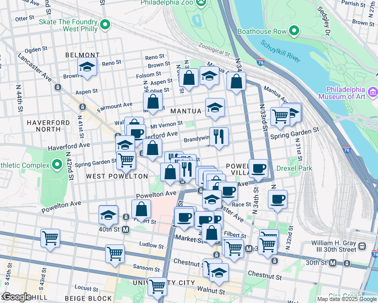 map of restaurants, bars, coffee shops, grocery stores, and more near 3720 Spring Garden Street in Philadelphia