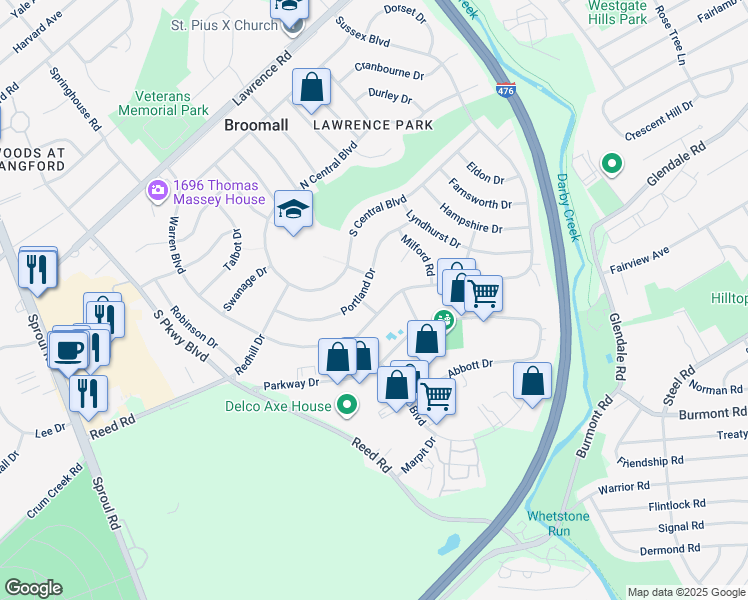 map of restaurants, bars, coffee shops, grocery stores, and more near 413 Parkstone Way in Broomall