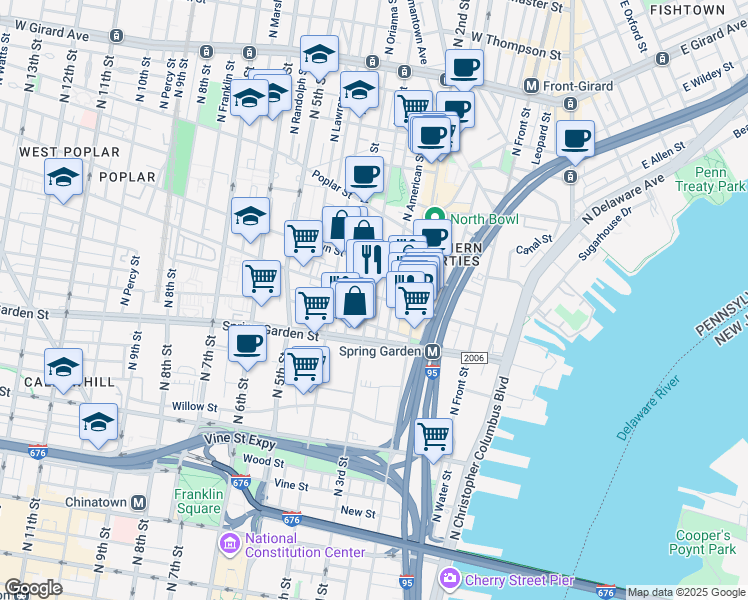 map of restaurants, bars, coffee shops, grocery stores, and more near 635 North 3rd Street in Philadelphia