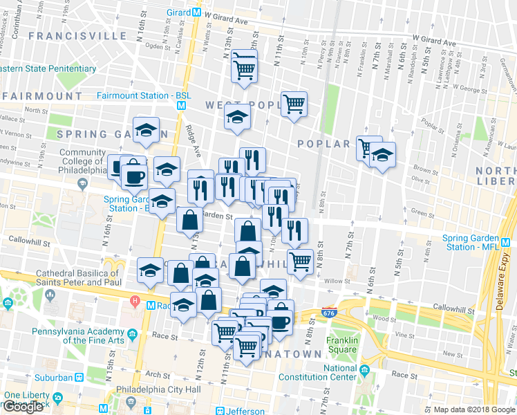 map of restaurants, bars, coffee shops, grocery stores, and more near 1032 Brandywine Street in Philadelphia