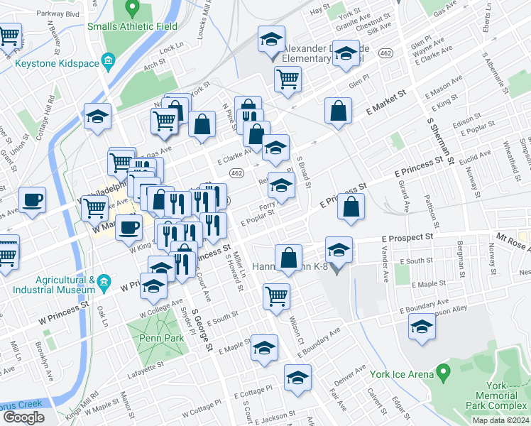 map of restaurants, bars, coffee shops, grocery stores, and more near 124 South Pine Street in York