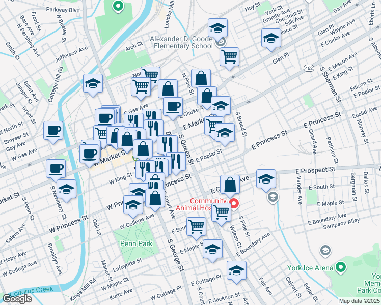 map of restaurants, bars, coffee shops, grocery stores, and more near 115 South Howard Street in York