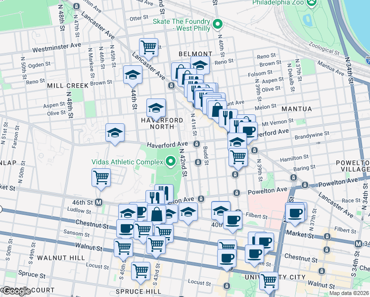 map of restaurants, bars, coffee shops, grocery stores, and more near 4129 Spring Garden Street in Philadelphia
