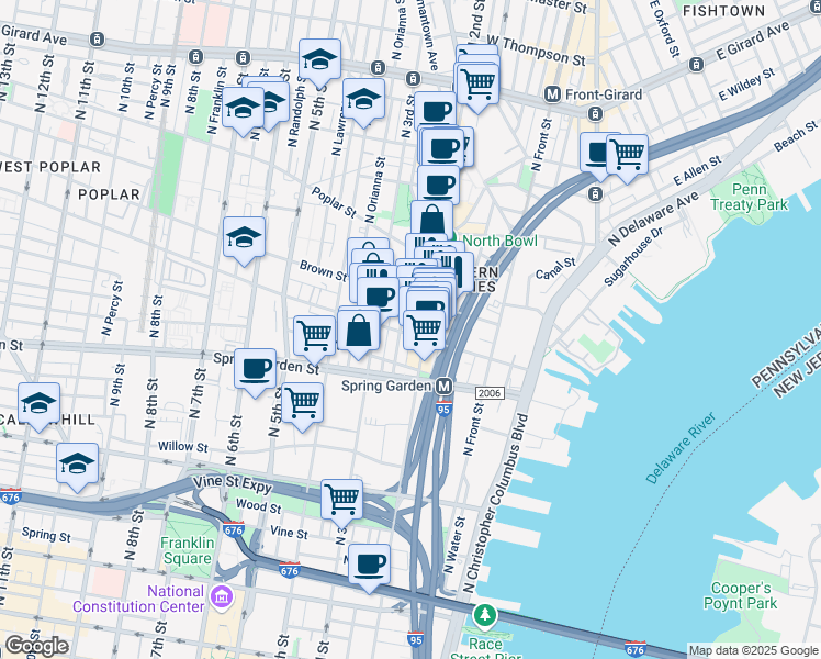 map of restaurants, bars, coffee shops, grocery stores, and more near 625 North 2nd Street in Philadelphia