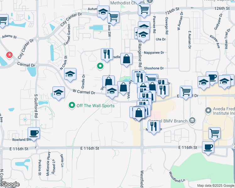 map of restaurants, bars, coffee shops, grocery stores, and more near 160 West Carmel Drive in Carmel