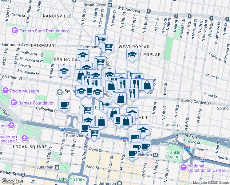 map of restaurants, bars, coffee shops, grocery stores, and more near 1217 Spring Garden Street in Philadelphia