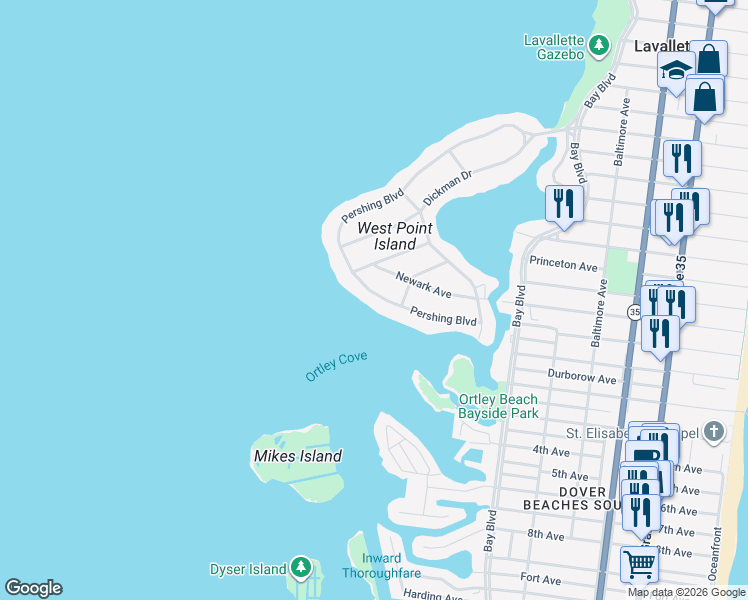 map of restaurants, bars, coffee shops, grocery stores, and more near 155 Pershing Boulevard in Lavallette