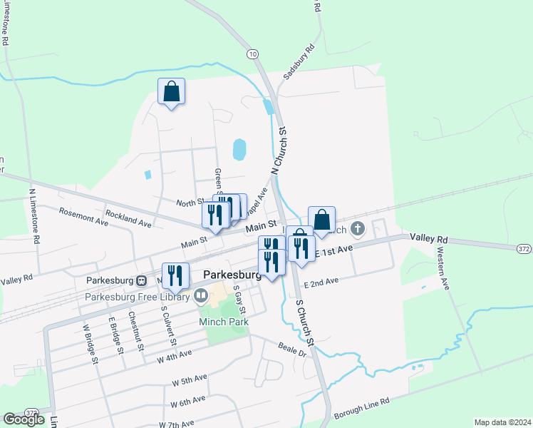 map of restaurants, bars, coffee shops, grocery stores, and more near 79 Washington Street in Parkesburg