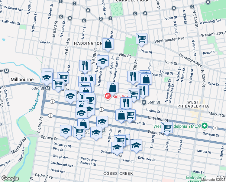 map of restaurants, bars, coffee shops, grocery stores, and more near 5816 Filbert Street in Philadelphia