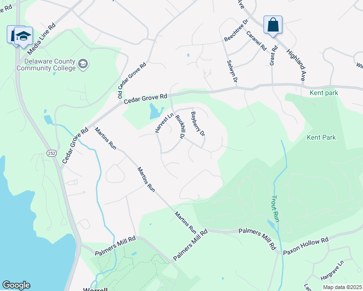 map of restaurants, bars, coffee shops, grocery stores, and more near 14 Rockhill Drive in Broomall