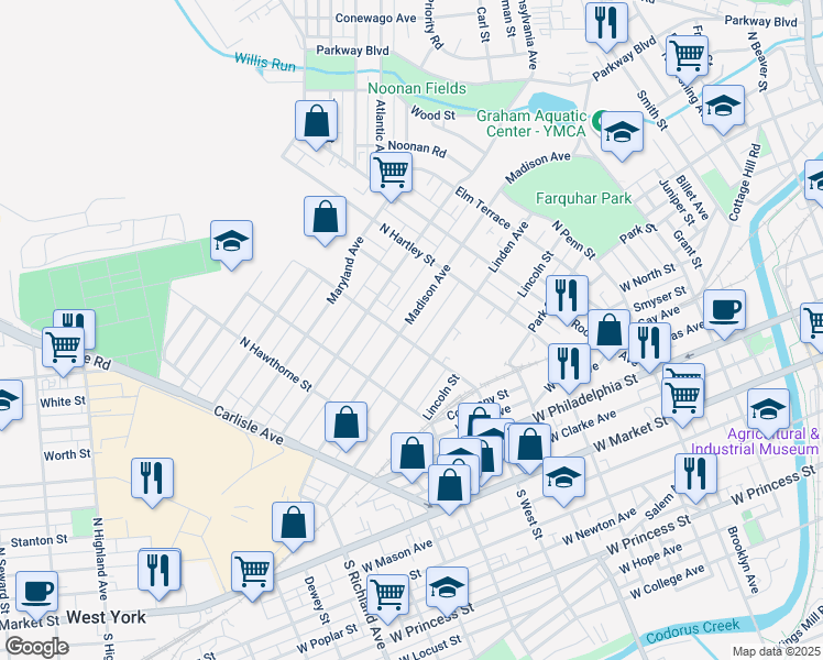 map of restaurants, bars, coffee shops, grocery stores, and more near 586 Madison Avenue in York