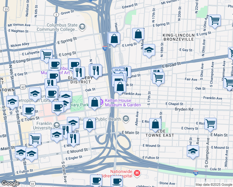 map of restaurants, bars, coffee shops, grocery stores, and more near 690 Franklin Avenue in Columbus