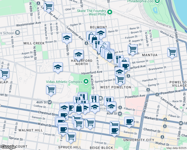 map of restaurants, bars, coffee shops, grocery stores, and more near 4122 Haverford Avenue in Philadelphia