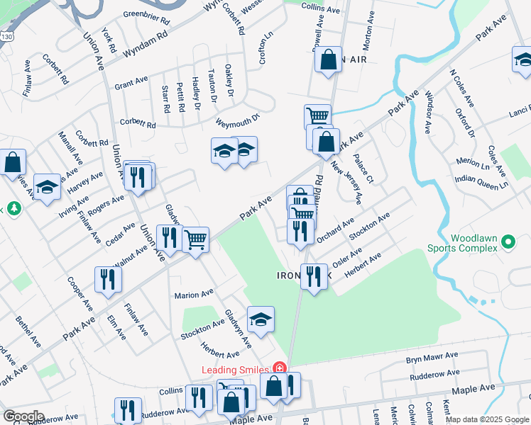 map of restaurants, bars, coffee shops, grocery stores, and more near 3457 Saint Martins Road in Pennsauken Township