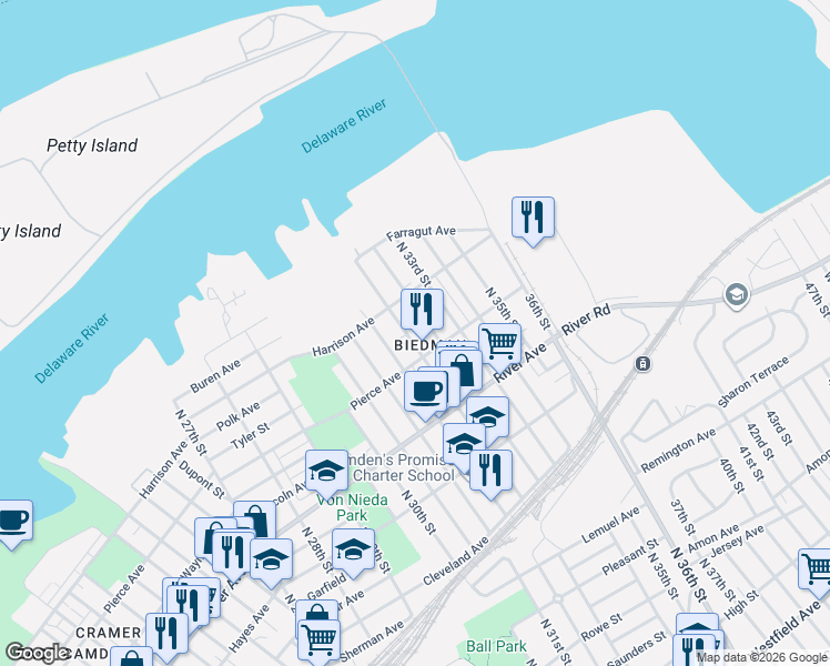 map of restaurants, bars, coffee shops, grocery stores, and more near 1114 Beideman Avenue in Camden