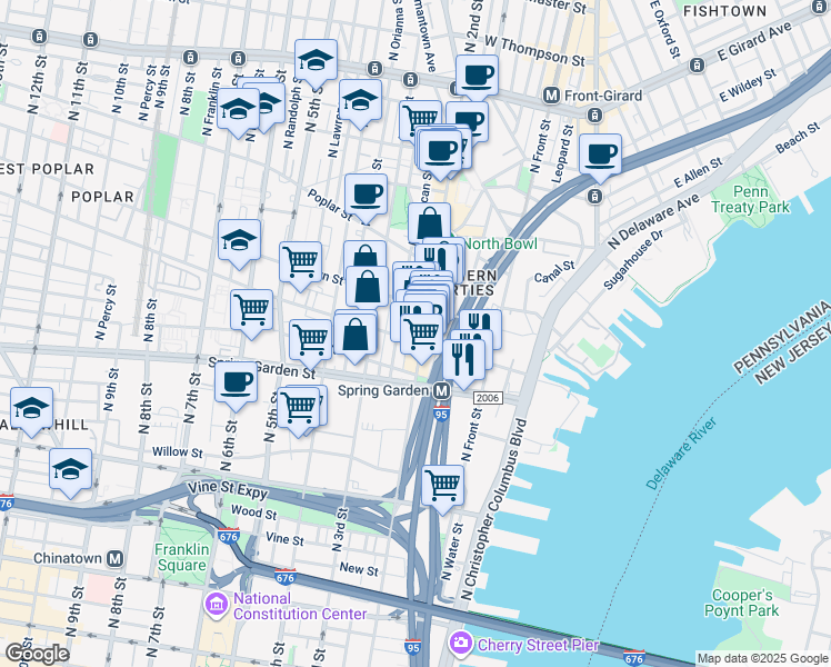 map of restaurants, bars, coffee shops, grocery stores, and more near 625 North 2nd Street in Philadelphia