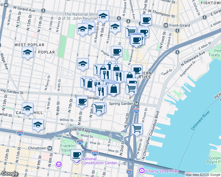map of restaurants, bars, coffee shops, grocery stores, and more near 545 North Orianna Street in Philadelphia