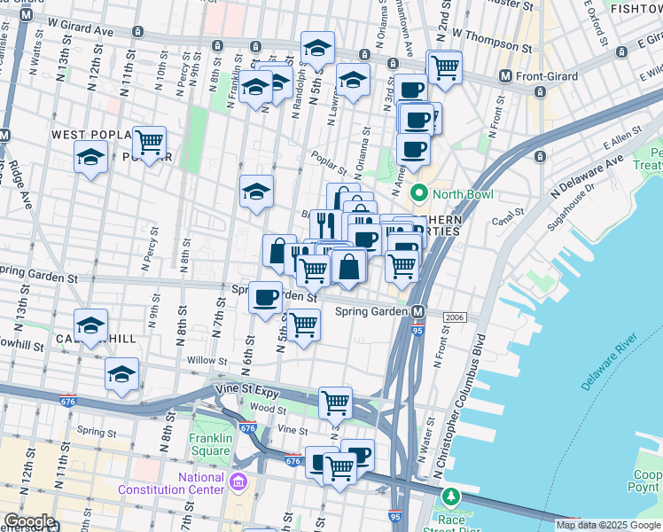 map of restaurants, bars, coffee shops, grocery stores, and more near 545 North Orianna Street in Philadelphia