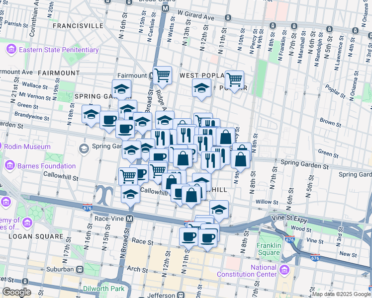 map of restaurants, bars, coffee shops, grocery stores, and more near in Philadelphia